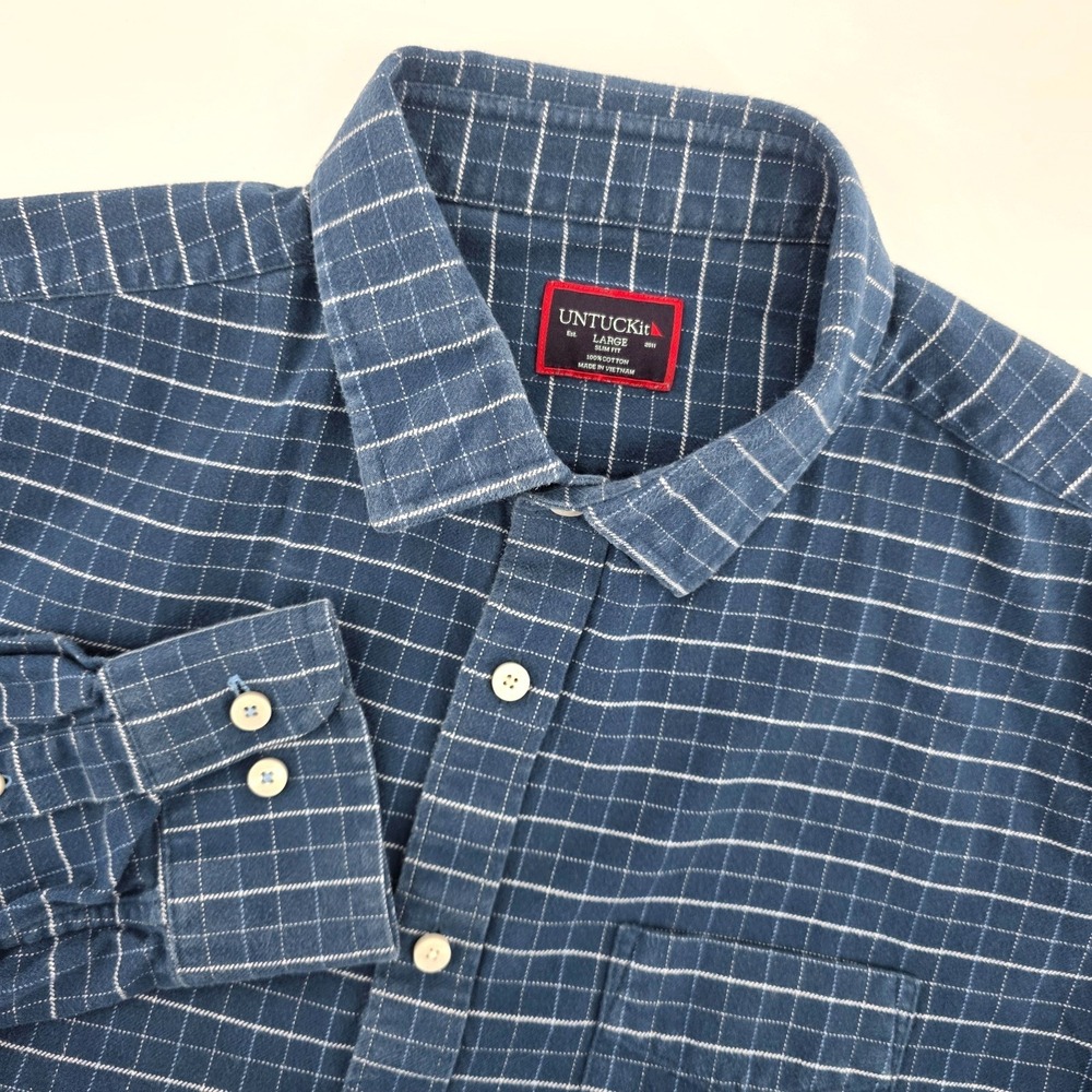 UNTUCKit Mens Large Slim Fit Blue White Windowpane Cotton Button Down Shirt